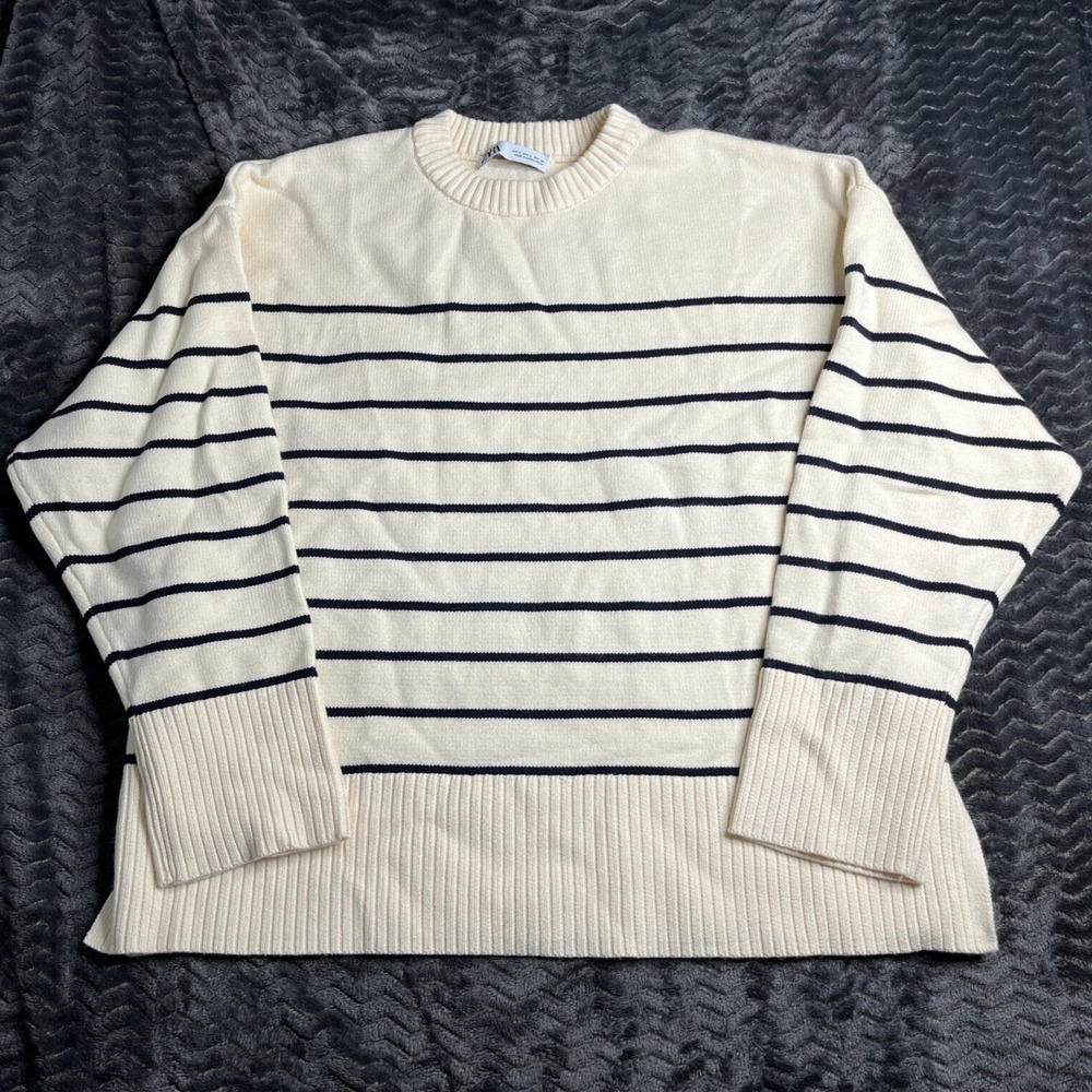ZARA Striped Sweater Chunky Rib-Knit Pullover Oversized Cream/ Black Size Large